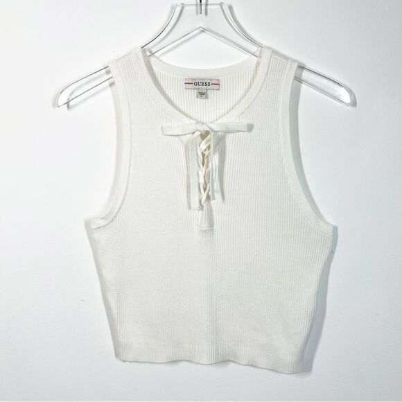 Guess  Women’s Size Large White Sydney Ribbed Sleeveless Sweater Lace Up Placket - Picture 1 of 12